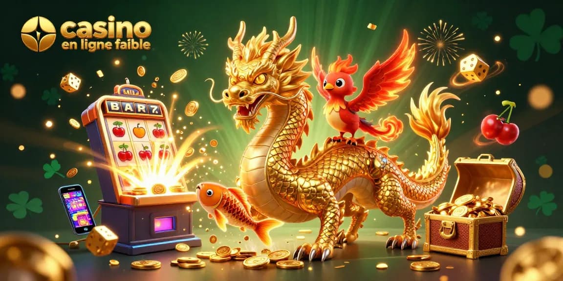 Jouer au casino en ligne fiable avec un dragon doré et des machines à sous explosant de pièces.