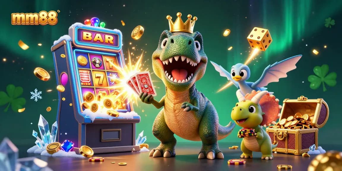 Engage with mm88 gaming excitement featuring a friendly T-Rex and colorful slot machine.