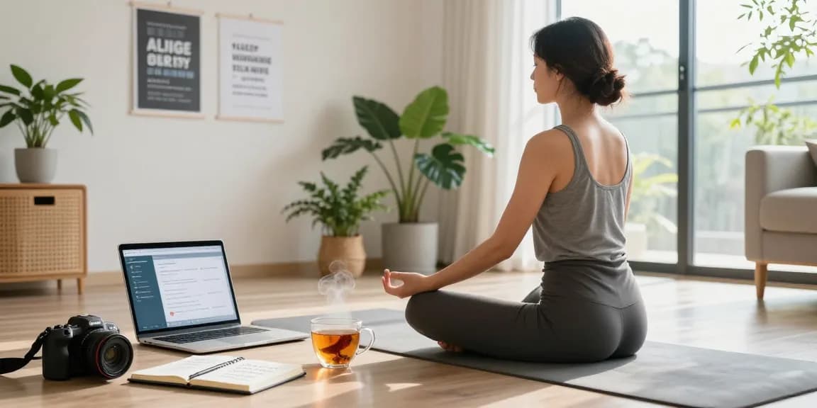 Motchill wellness scene, individual meditating in serene home office with natural light