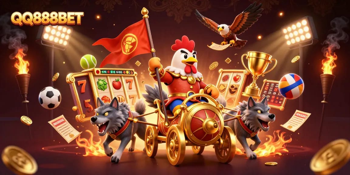 Engage in thrilling adventures with QQ888BET, featuring a rooster warlord and dynamic slot elements.