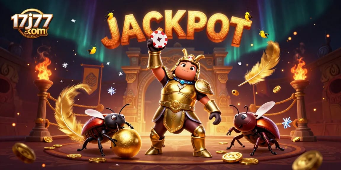 Engage with the thrilling 17j77 com jackpot scene showcasing a beetle in gladiator armor and vibrant casino elements.