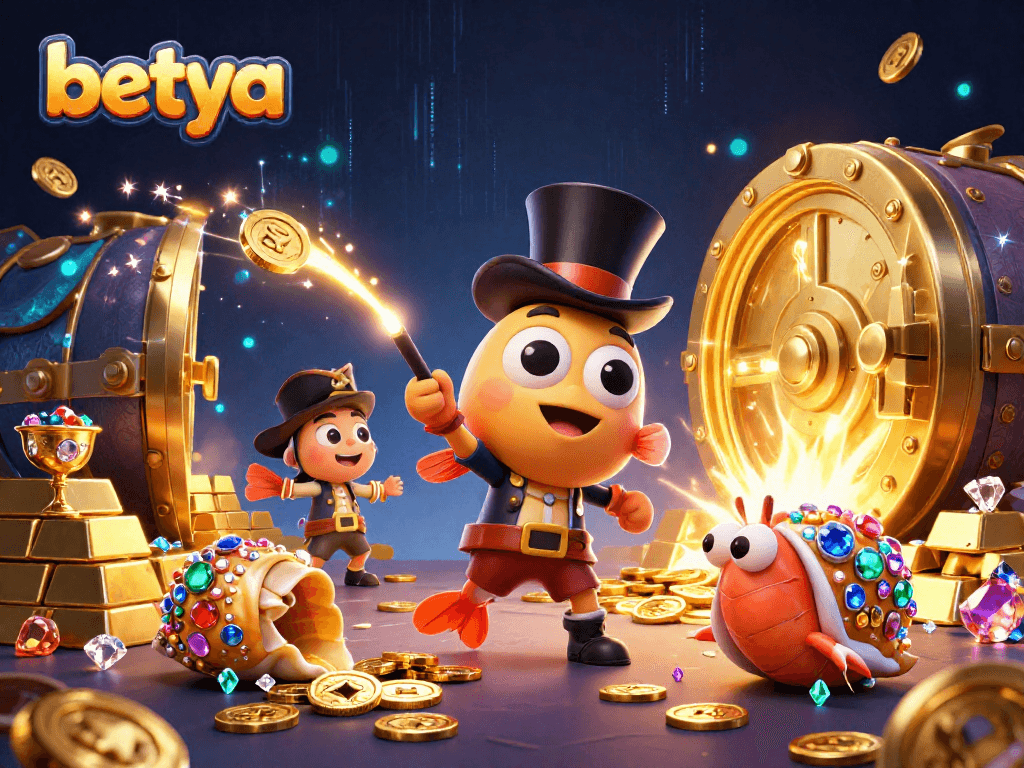 Betya anglerfish lures golden coins in a vibrant casino-themed aquatic illustration.