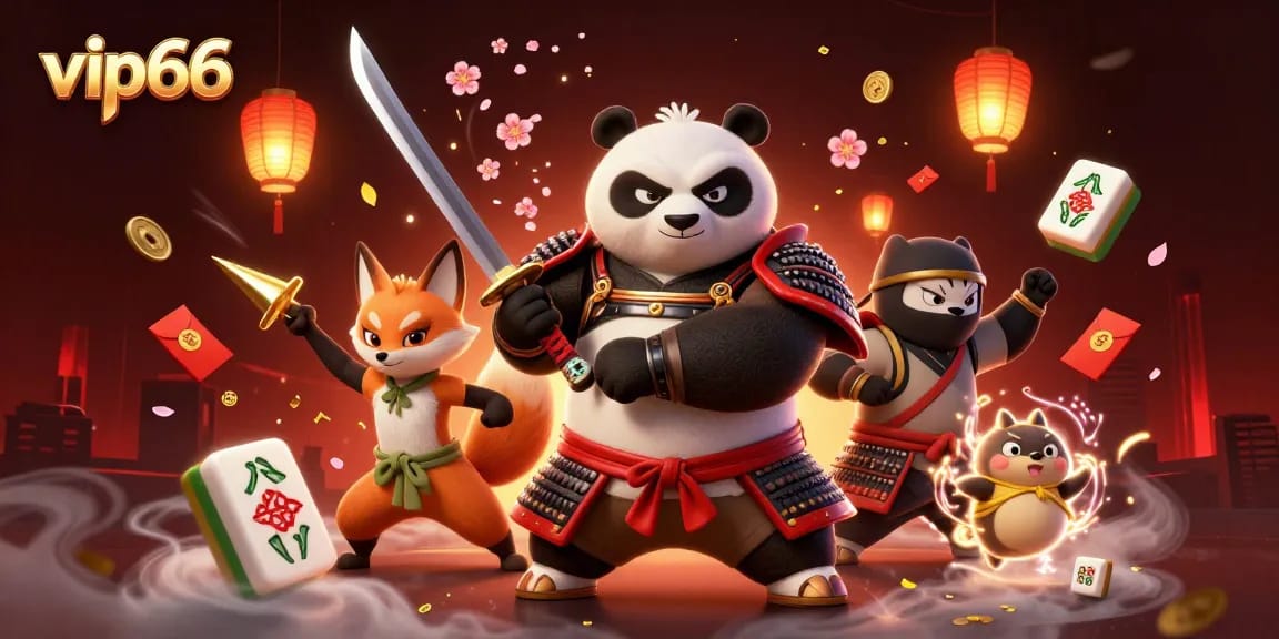 Engage with vip66 online casino as the fierce panda samurai and ninja fox celebrate wins with golden shuriken and lucky charms.