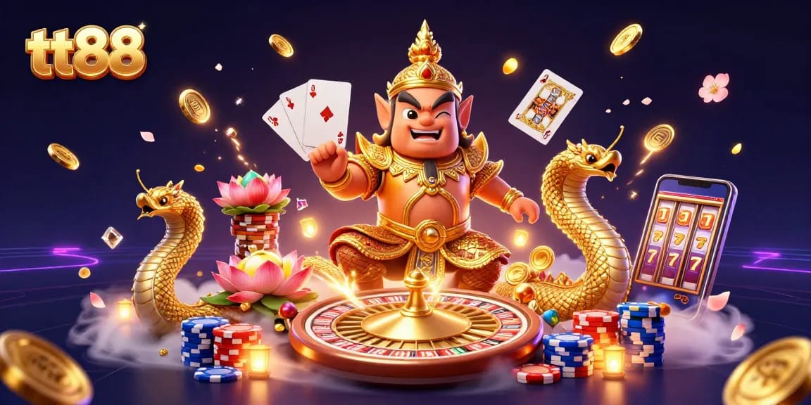 Experience tt88's vibrant casino atmosphere with a lively guardian and Naga serpents in a rich 3D illustration.