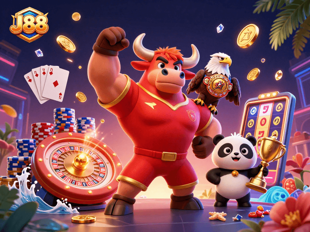 Experience excitement at J88 with a victorious bull mascot, eagle, and panda among vibrant casino elements.