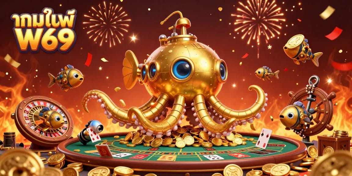 Experience exciting gameplay with เกมไพ่ W69 in a vibrant 3D casino scene filled with themed elements.