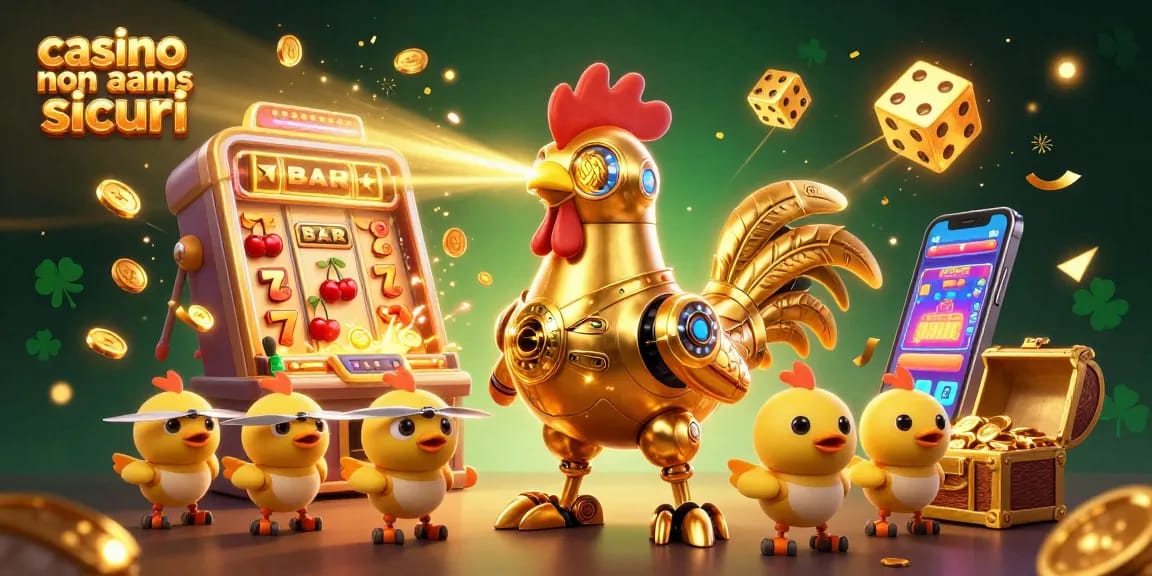 Gioca nei migliori casino non AAMS sicuri con un robot gallo d'oro che lancia raggi luminosi e porta jackpot straordinari.
