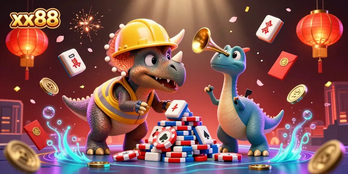 Celebrate winnings at xx88 with vibrant casino characters and engaging game elements in this exciting illustration.