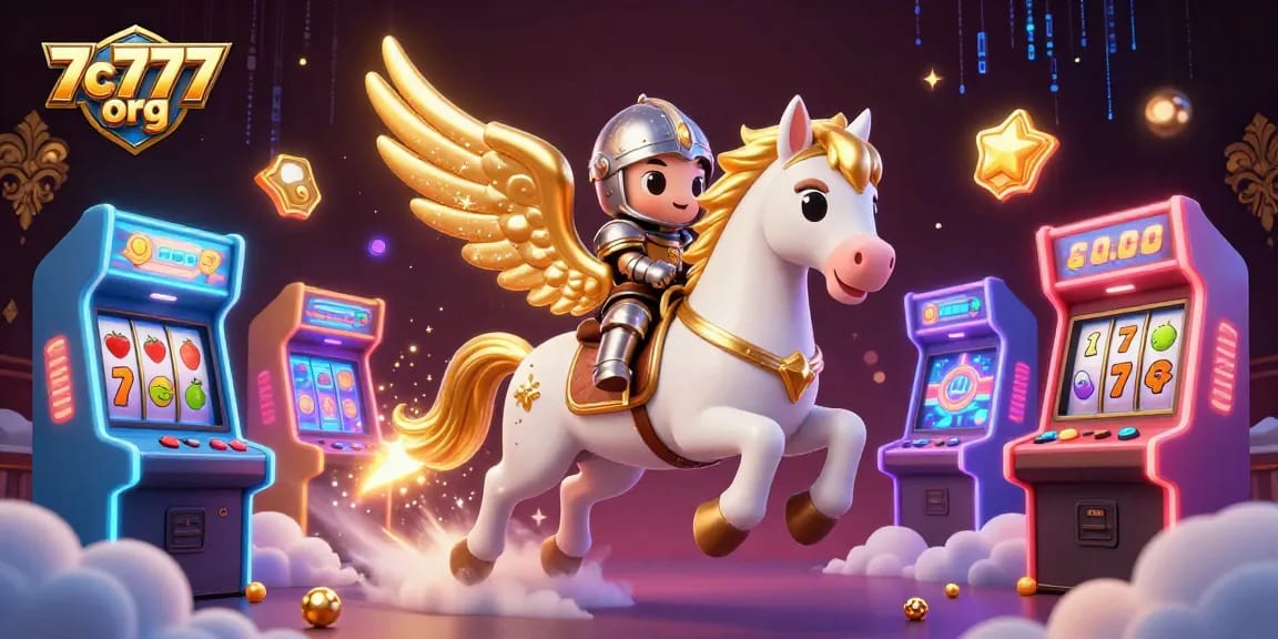 7c777 org captures excitement with a celestial horse and knight in a vibrant casino themed scene.