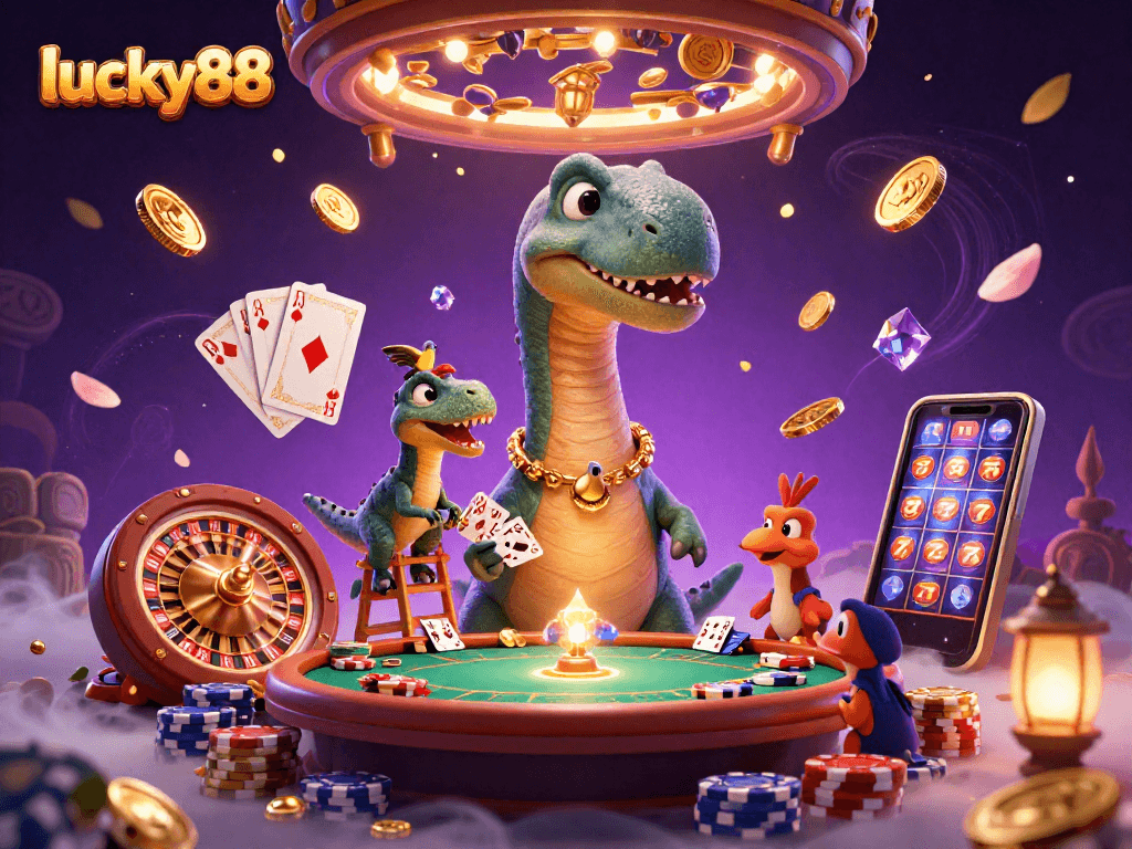 Experience lively gaming with lucky88 in this vibrant 3D casino illustration featuring animated dinosaurs.