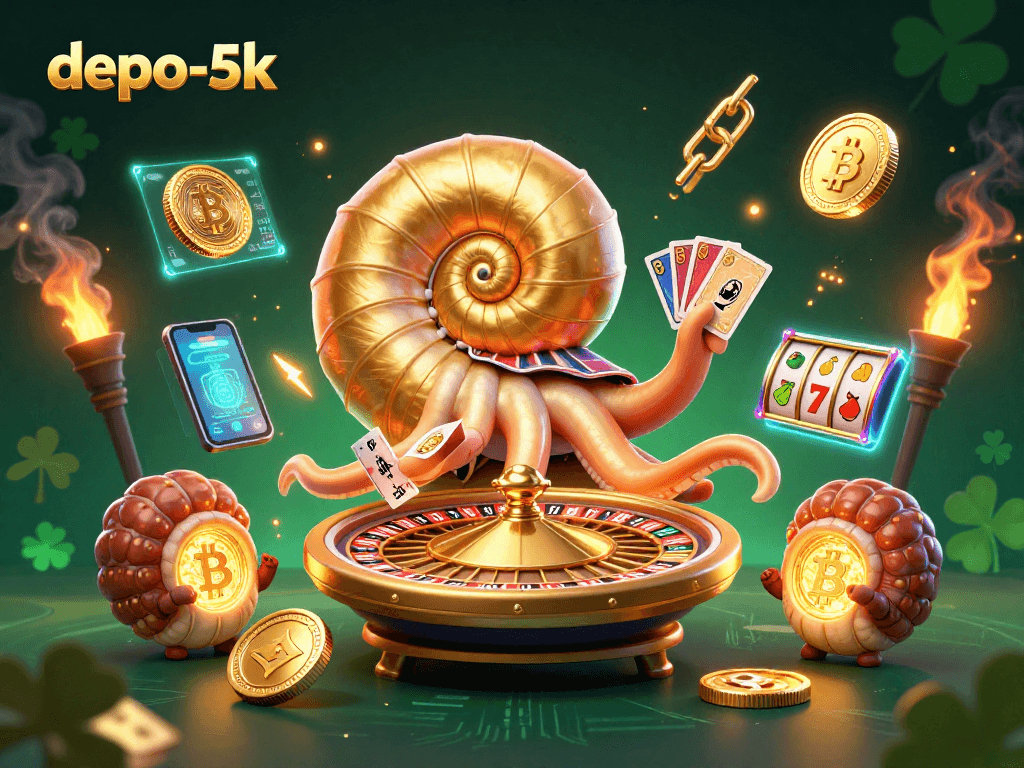 Experience exhilarating wins at depo-5k with a vibrant 3D casino scene showcasing slots, crypto coins, and glowing elements.