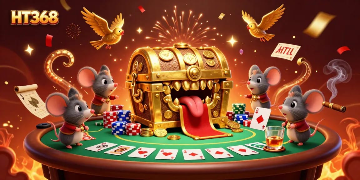 Experience the thrill of gaming at HT368 with poker and prize elements in a vibrant casino illustration.