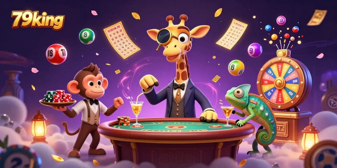Engage with exciting games at 79king, featuring animated characters in a vibrant casino scene.