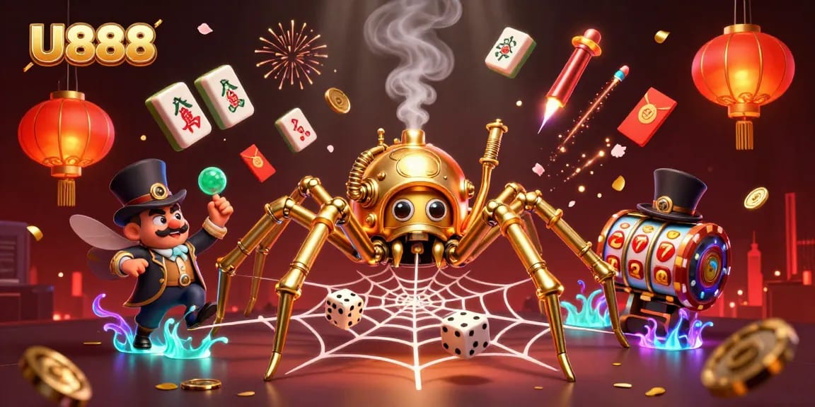 Experience thrilling U888 gameplay with a steampunk spider illustration above slot reels and rich casino elements.