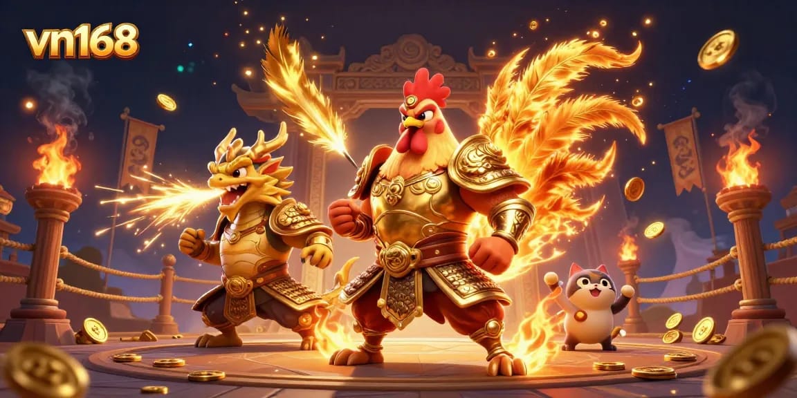 Experience thrilling cockfighting action at vn168 with a powerful rooster warrior and a fierce dragon hatchling.