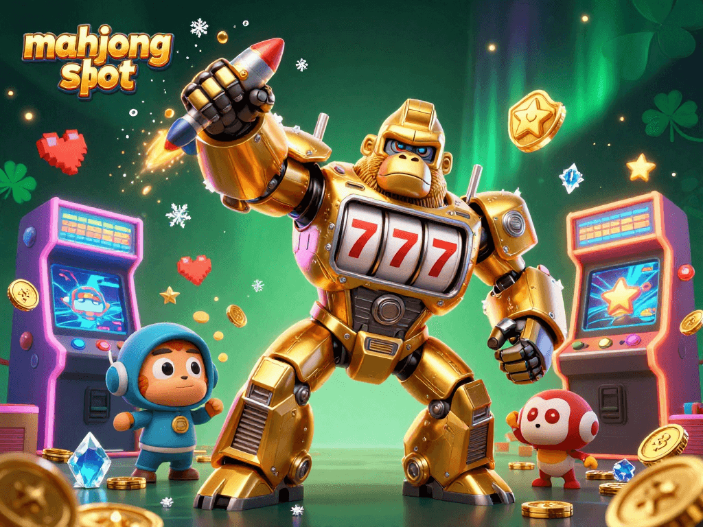 Engage with mahjong slot action featuring a golden gorilla mech amidst colorful gaming elements