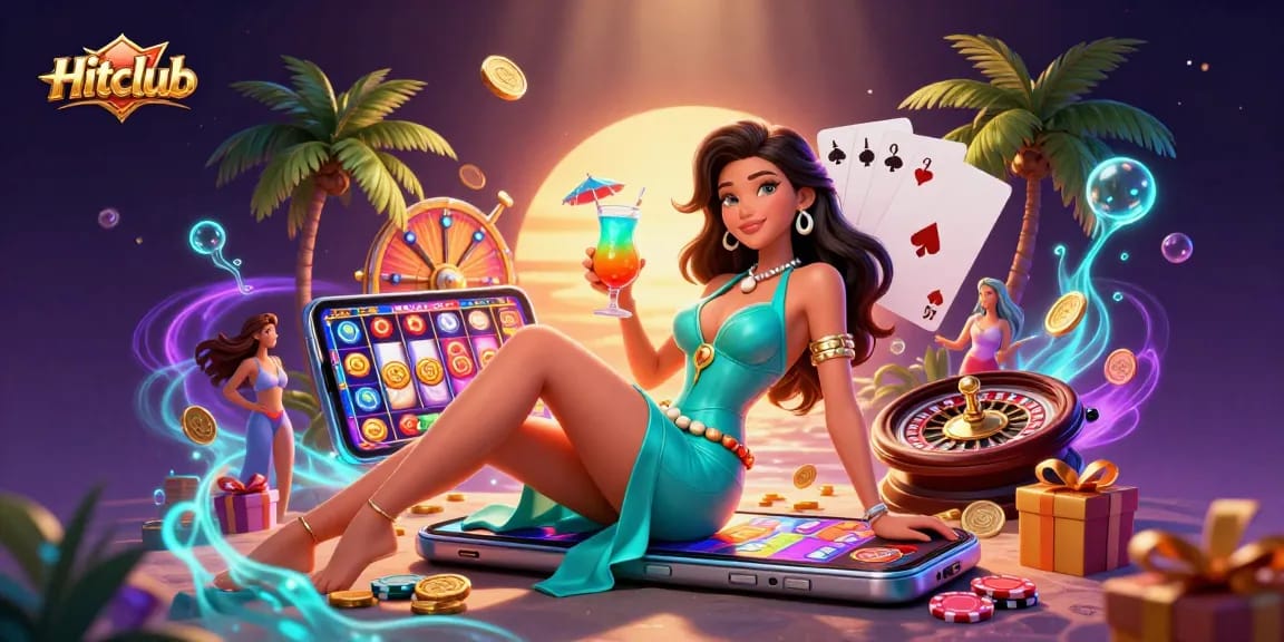 Hitclub showcases a glamorous cocktail experience amidst vibrant casino elements, perfect for thrilling gaming.