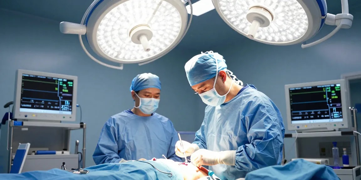 Dar kanal ameliyatı being performed by a skilled surgeon in a modern surgical environment with advanced instruments.