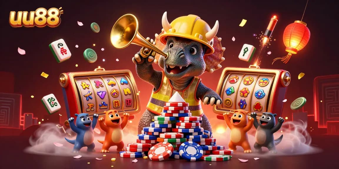 uu88 engages with vibrant slot reels and cheering characters in a lively casino scene