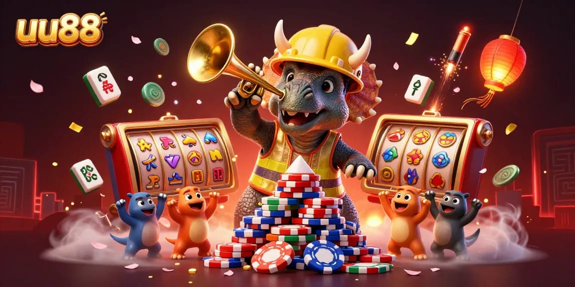 uu88 engages with vibrant slot reels and cheering characters in a lively casino scene