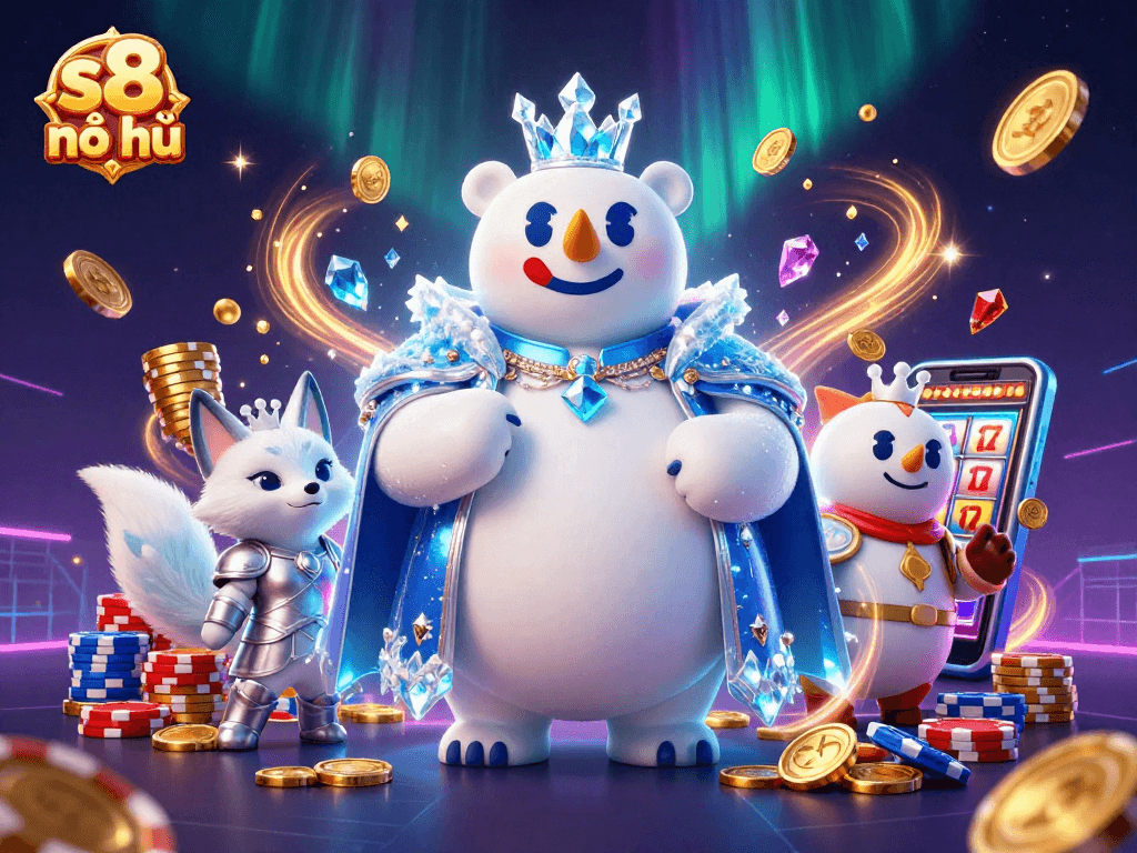 Spin the reels with s8 nổ hũ, featuring an animated king and fox amidst dazzling casino imagery.