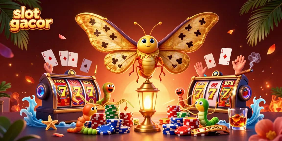 Spin the slot gacor for massive wins featuring a golden moth and vibrant casino elements.