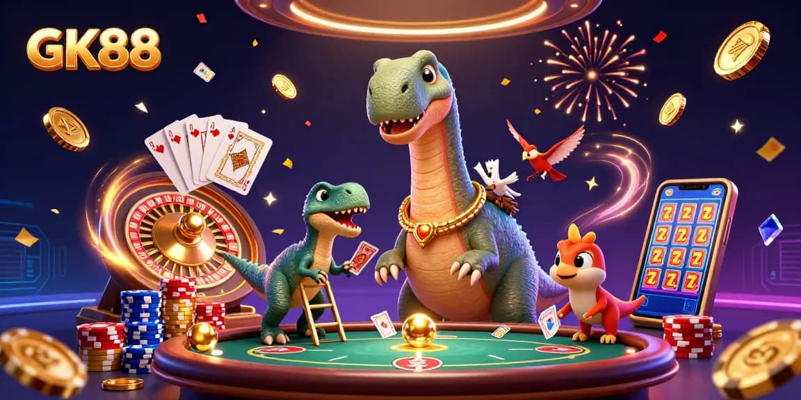 GK88 showcases a vibrant casino scene with dynamic game elements and engaging characters.