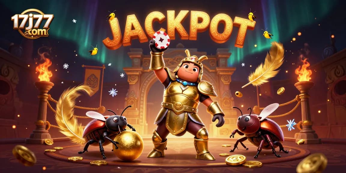 Engage with the thrilling 17j77 com jackpot scene showcasing a beetle in gladiator armor and vibrant casino elements.