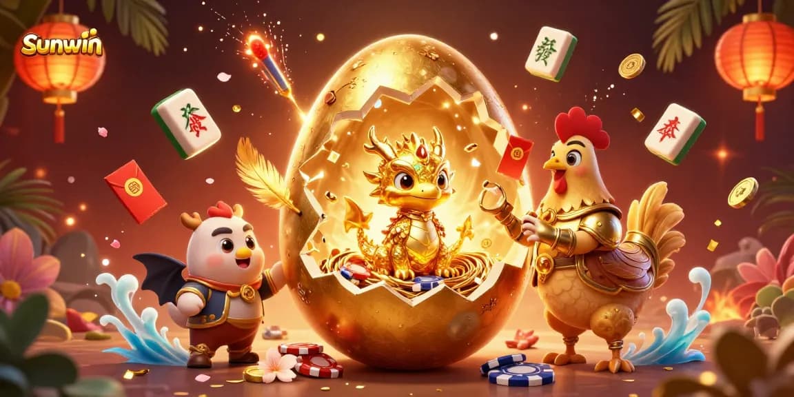 Join the excitement at sunwin with this vibrant illustration showcasing gaming elements and a golden dragon.