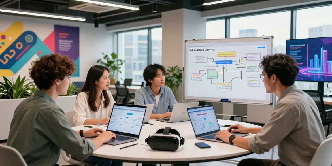 Web3 technology team collaborating in a modern workspace, showcasing laptops with blockchain applications and vibrant decor.