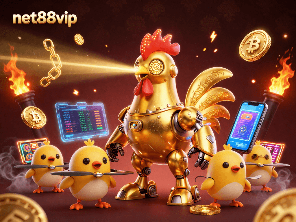 Engage with net88vip's vibrant casino universe featuring a golden rooster robot and baby chick drones amidst digital assets.