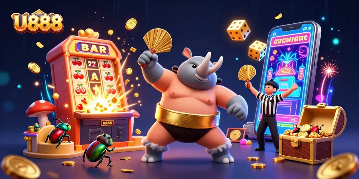 U888 promotion featuring a rhinoceros beetle sumo champion surrounded by vibrant casino themes.