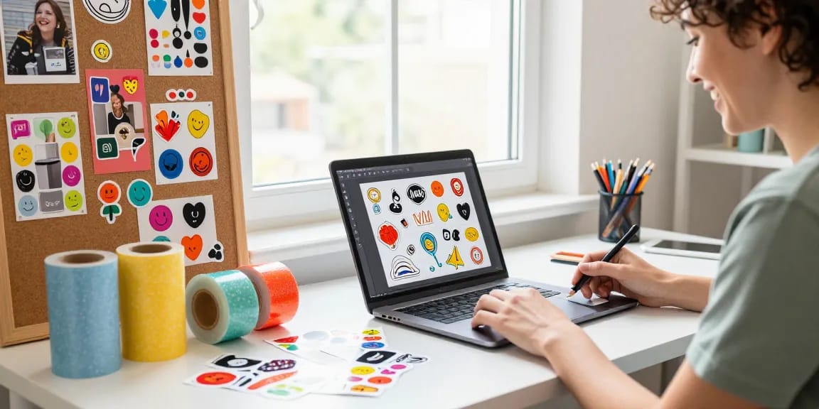 Custom stickers showcased in a vibrant workspace with stickers, design tools, and natural light.