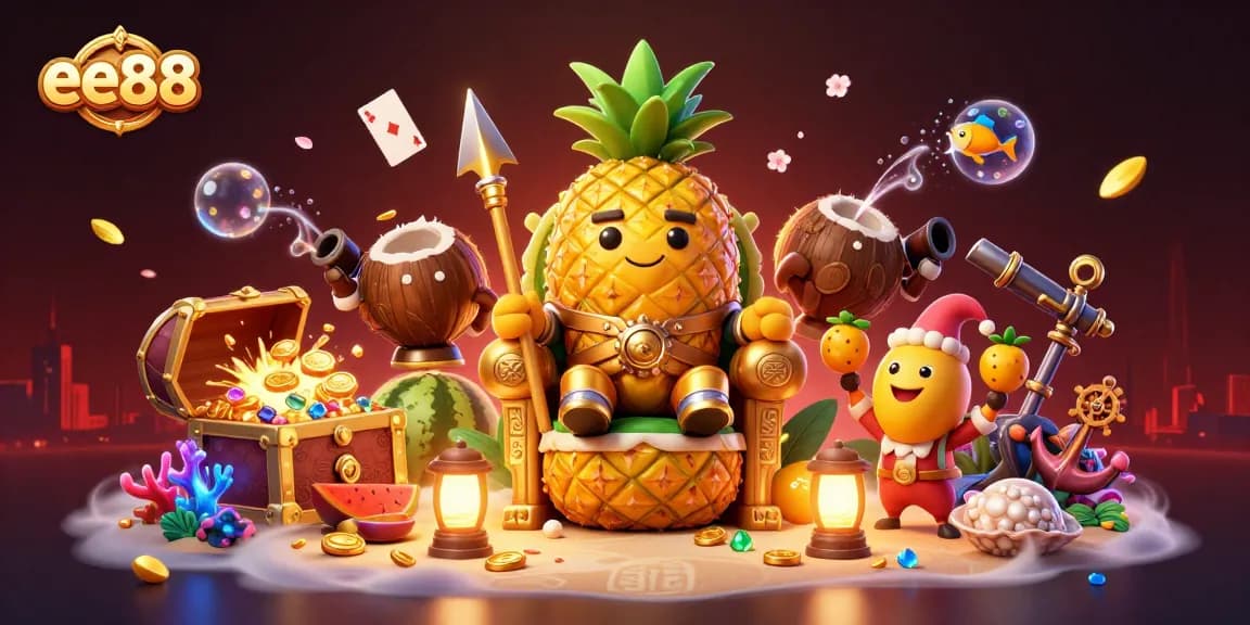 Engage in thrilling adventures at ee88 with a vibrant 3D casino scene featuring a golden pineapple king and lively characters.