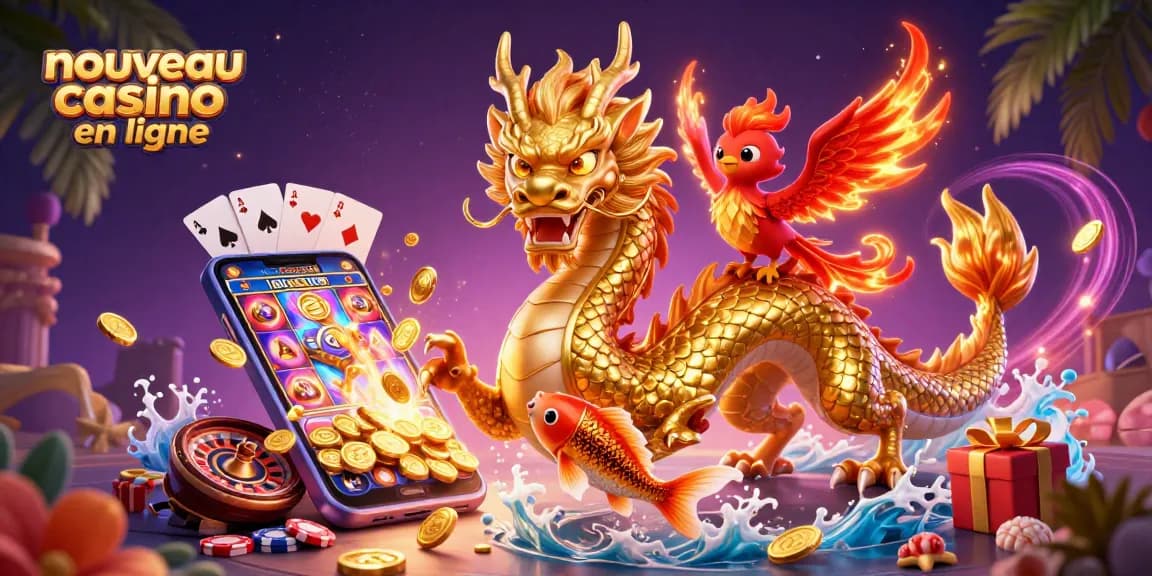 Découvrez les fonctionnalités et l'animation d'un nouveau casino en ligne dans cette illustration captivante avec un dragon chinois.