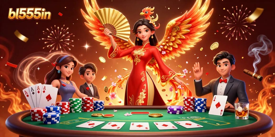 Engage in thrilling poker action at bl555in with a stunning woman in ao dai and vibrant casino elements.
