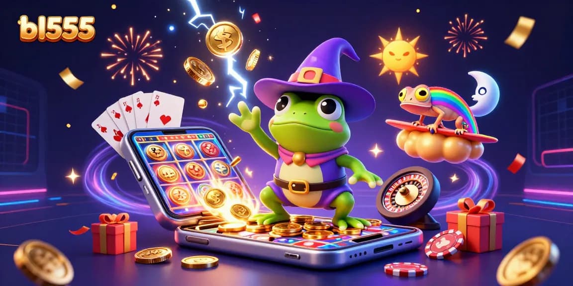 Win big with bl555 in this dynamic casino scene featuring slot games and vivid characters.