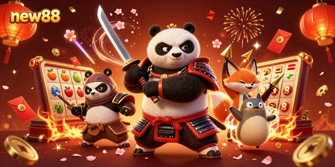 Experience exciting gambling adventures with new88 featuring a fierce panda samurai and vivid slot elements.