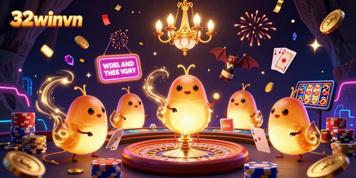 Experience the thrill of gaming at 32winvn with vibrant visuals of a cave casino full of glowing elements.