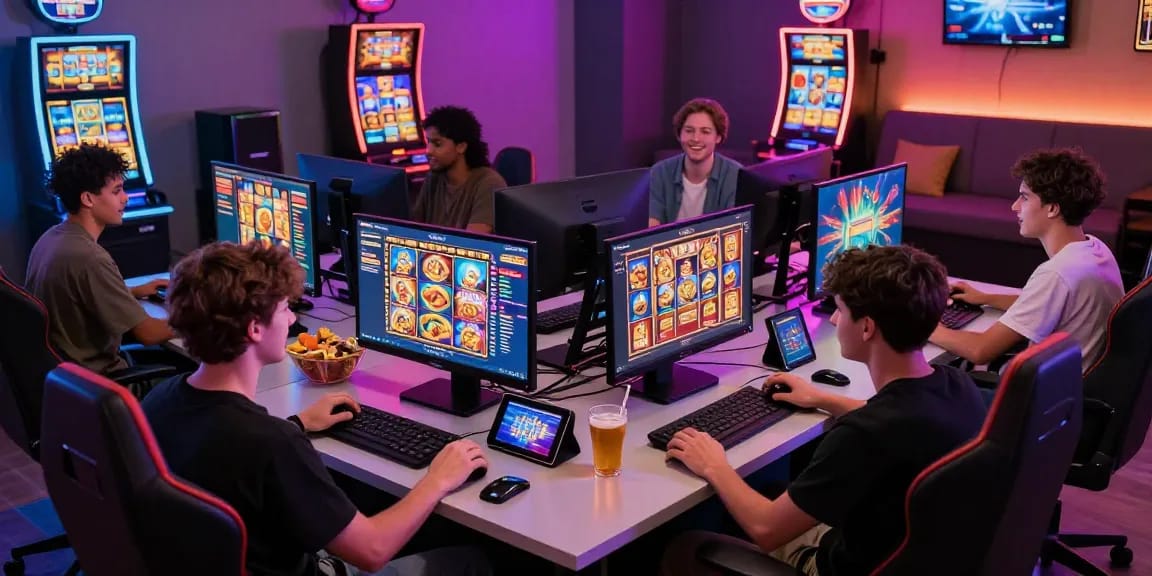 Excited players engaging on the best link slot gacor games in a vibrant gaming setup.