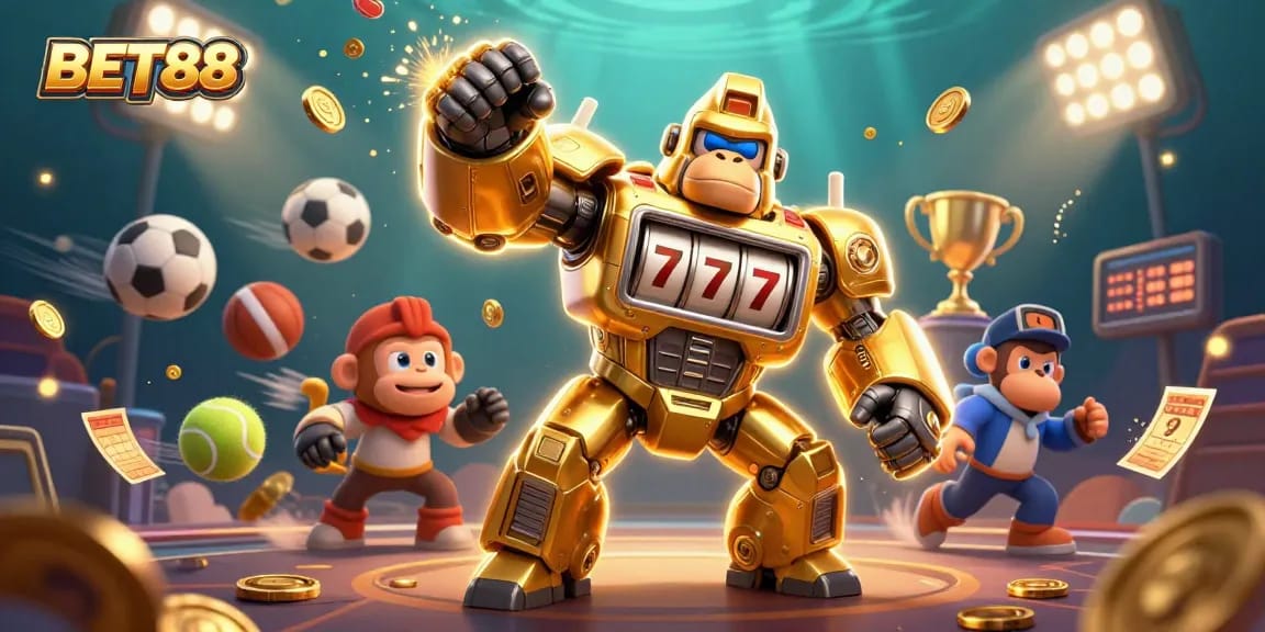 Experience thrilling wins with exciting BET88 gaming elements and dynamic action in a vibrant casino scene.