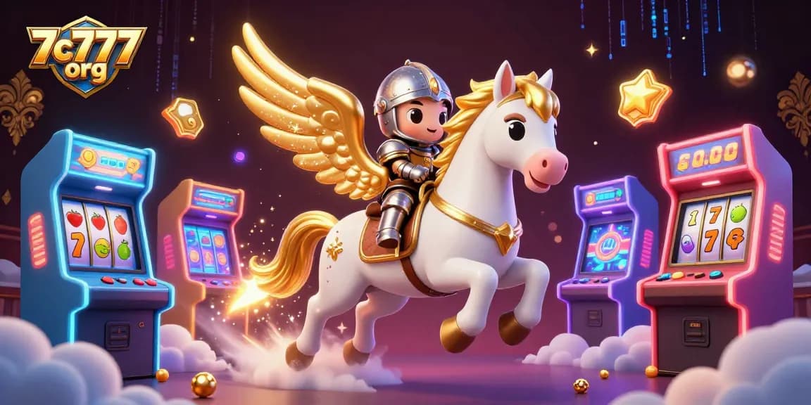 7c777 org captures excitement with a celestial horse and knight in a vibrant casino themed scene.
