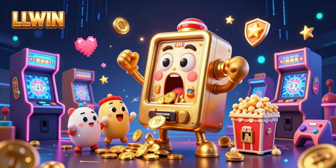 LLWIN showcases a vibrant and dynamic casino atmosphere featuring energetic slot machines hitting jackpots and celebrating.