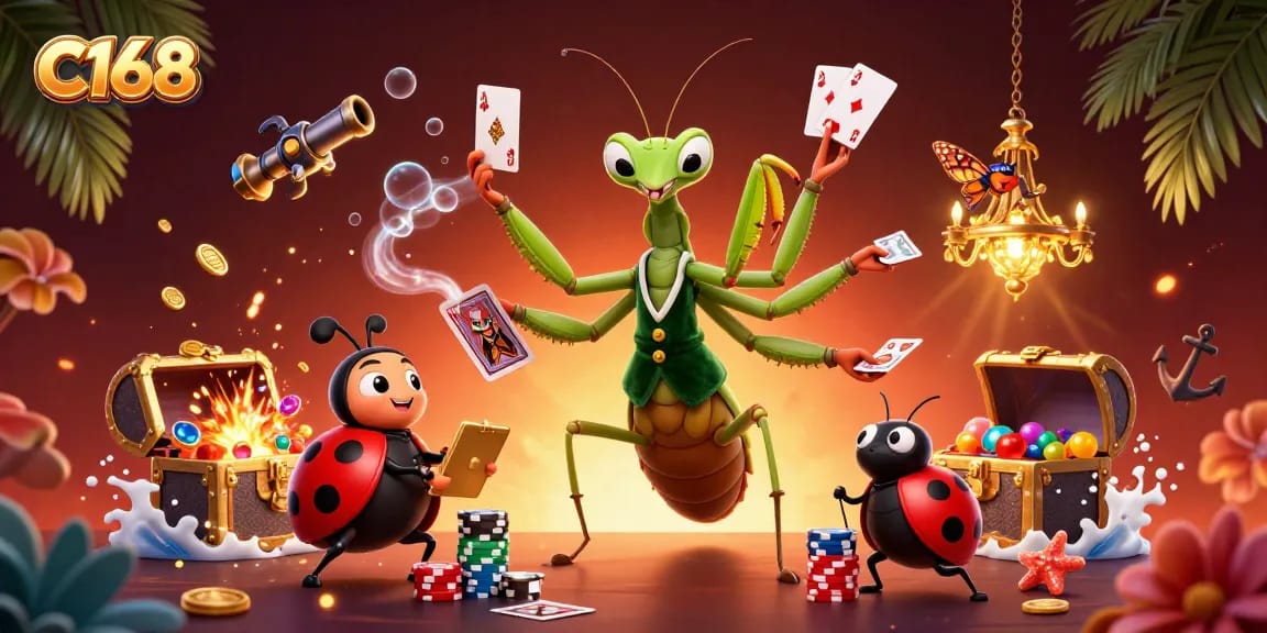 C168 offers thrilling gaming experiences with a dynamic 3D scene of a mantis card sharp and a ladybug pit boss.