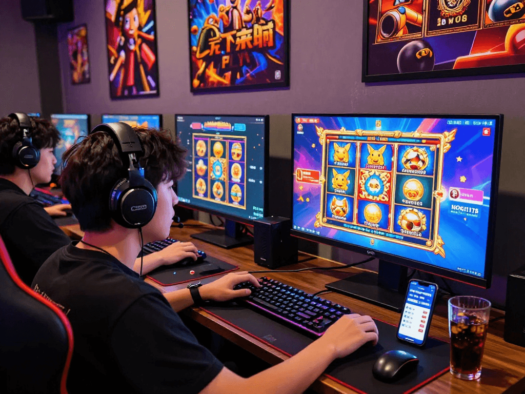 Player immersed in exciting link slot gacor gaming session with vibrant screens and gaming gear.