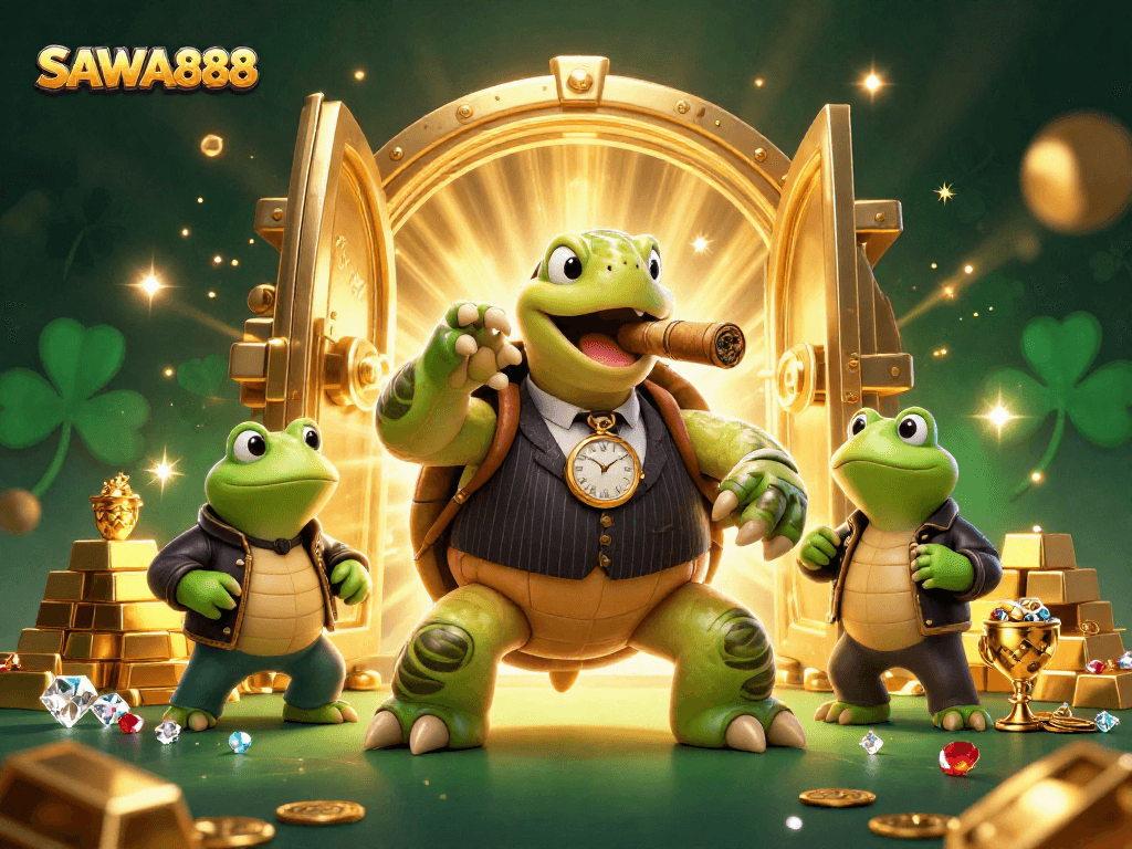 Win big at SAWA888 with a vibrant casino-themed illustration showcasing a snapping turtle and bullfrog enforcers.