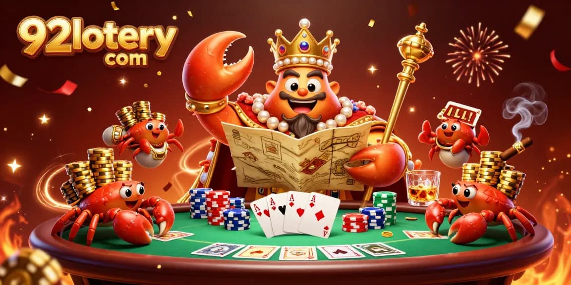 Engage with 92lottery com in this vibrant 3D casino scene showcasing a crab emperor and poker elements.