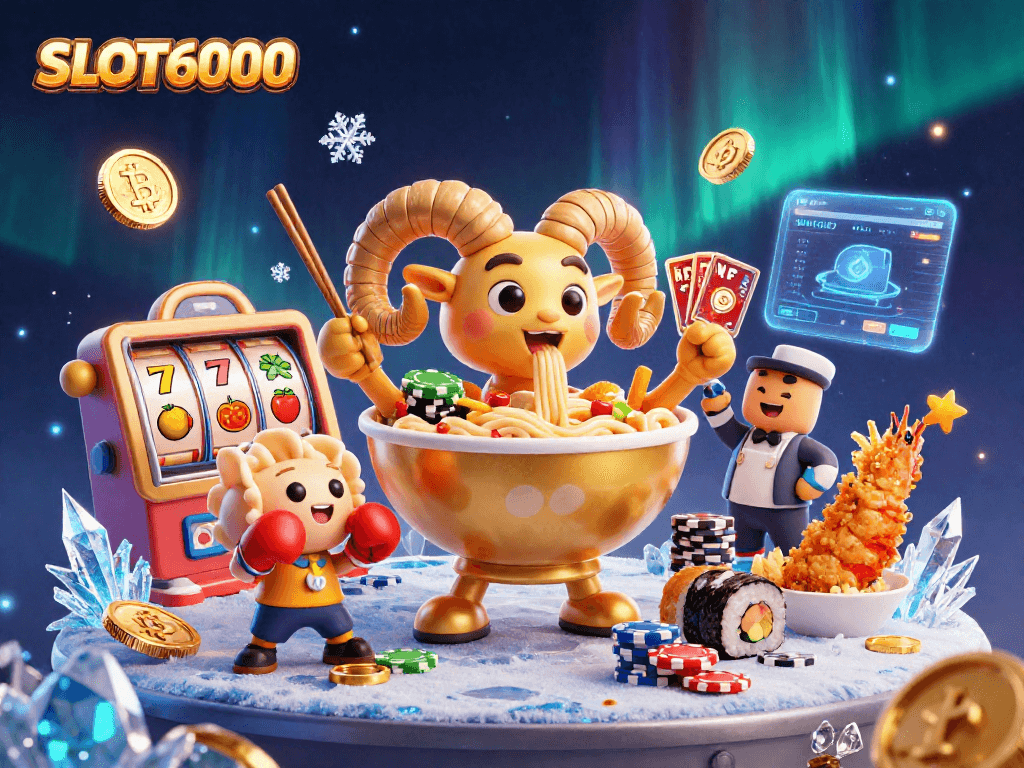 SLOT6000 showcases an exciting scene with a giant ramen bowl, engaging in card games and gaming fun.