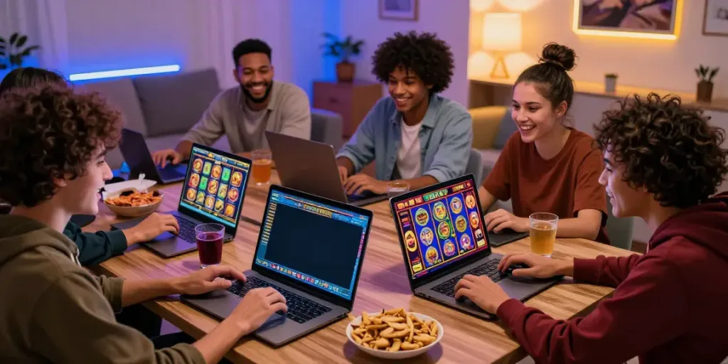 Suasana permainan slot online dengan teman-teman bersemangat, menampilkan grafik berwarna-warni.