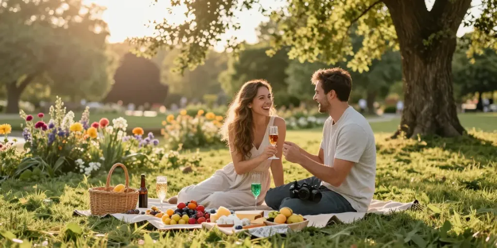 Pasangan bahagia di taman menikmati momen romantis dengan layanan istanawin.